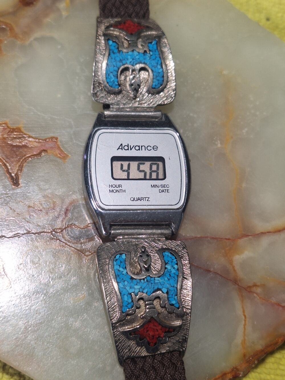 Vintage Advance Digital Watch Southwest Eagle Turquoise Coral Chip Inlay 1970s